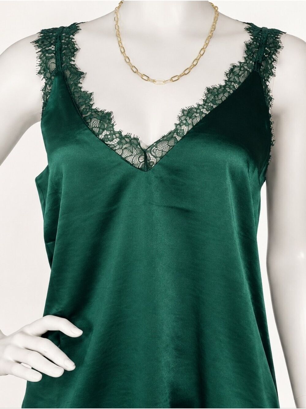 Emerald Satin Lace Cami Tank Small NWT By Skies Are Blue Quiet Luxury Chic - Picture 3 of 10